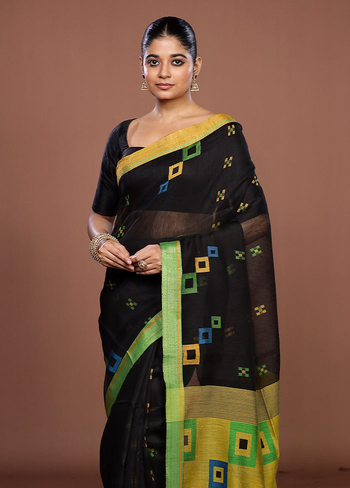 Black Linen Silk Saree With Blouse Piece