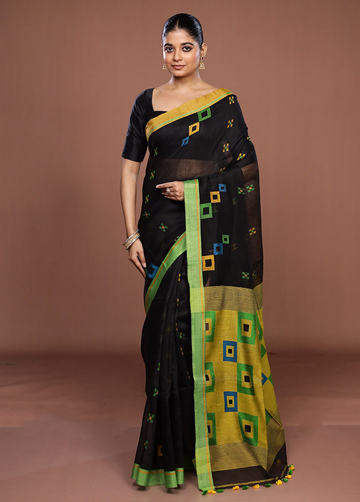 Black Linen Silk Saree With Blouse Piece