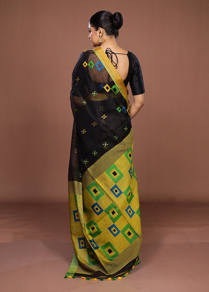 Black Linen Silk Saree With Blouse Piece