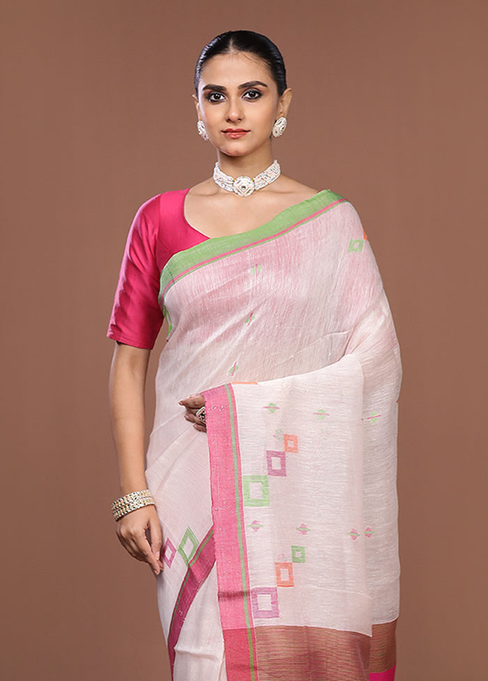 White Linen Silk Saree With Blouse Piece
