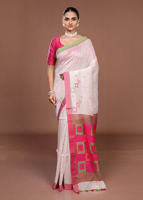White Linen Silk Saree With Blouse Piece
