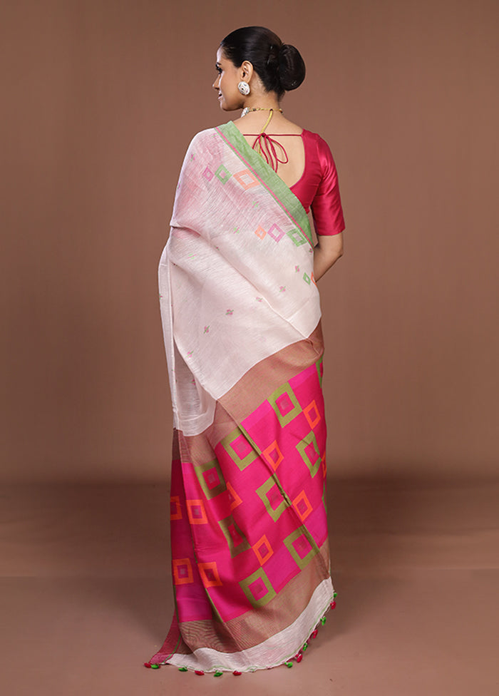 White Linen Silk Saree With Blouse Piece
