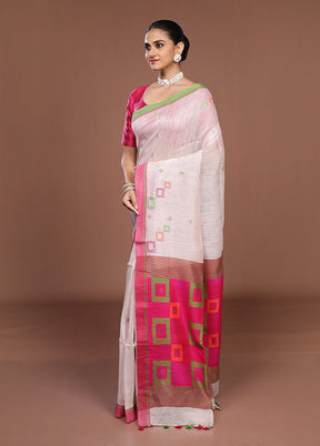 White Linen Silk Saree With Blouse Piece