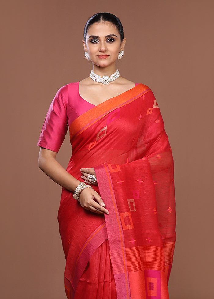 Red Linen Silk Saree With Blouse Piece