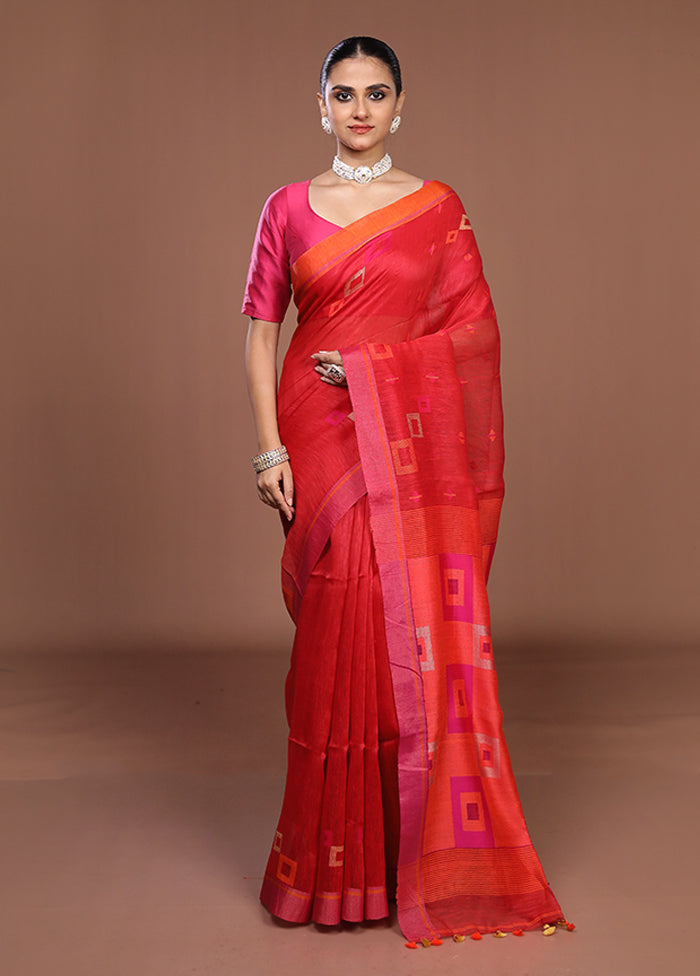 Red Linen Silk Saree With Blouse Piece