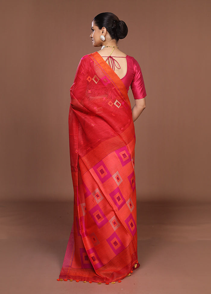 Red Linen Silk Saree With Blouse Piece