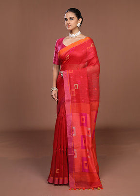 Red Linen Silk Saree With Blouse Piece