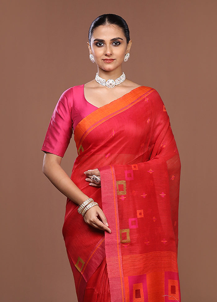 Red Linen Silk Saree With Blouse Piece