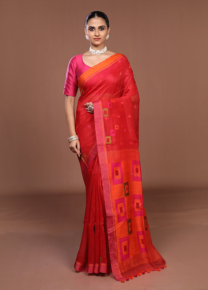 Red Linen Silk Saree With Blouse Piece