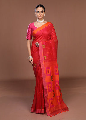 Red Linen Silk Saree With Blouse Piece