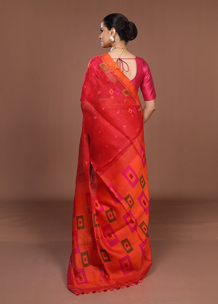 Red Linen Silk Saree With Blouse Piece