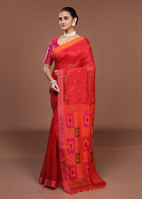 Red Linen Silk Saree With Blouse Piece