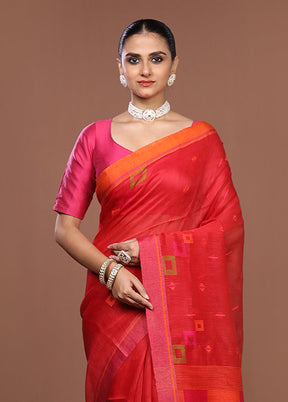 Red Linen Silk Saree With Blouse Piece
