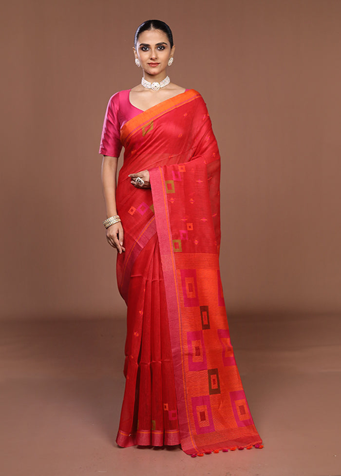 Red Linen Silk Saree With Blouse Piece