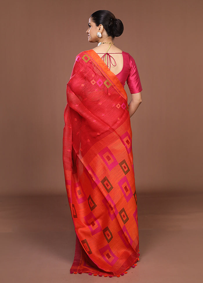 Red Linen Silk Saree With Blouse Piece