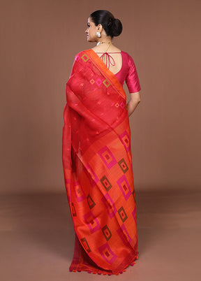 Red Linen Silk Saree With Blouse Piece