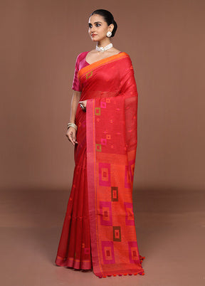 Red Linen Silk Saree With Blouse Piece