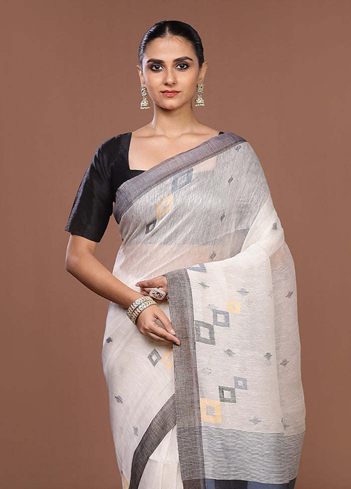 White Linen Silk Saree With Blouse Piece