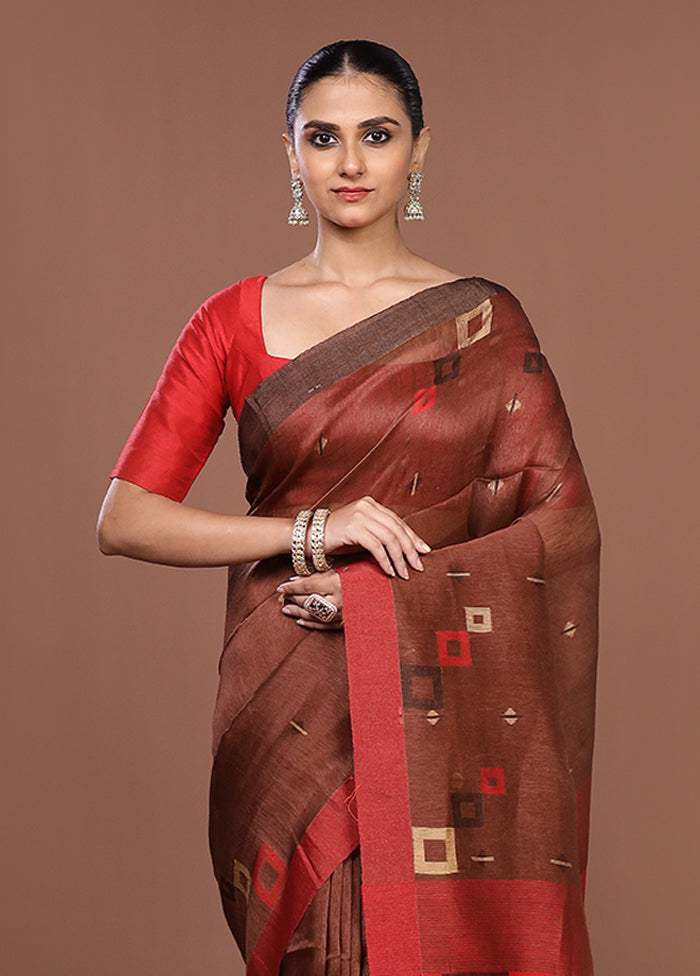 Brown Linen Silk Saree With Blouse Piece