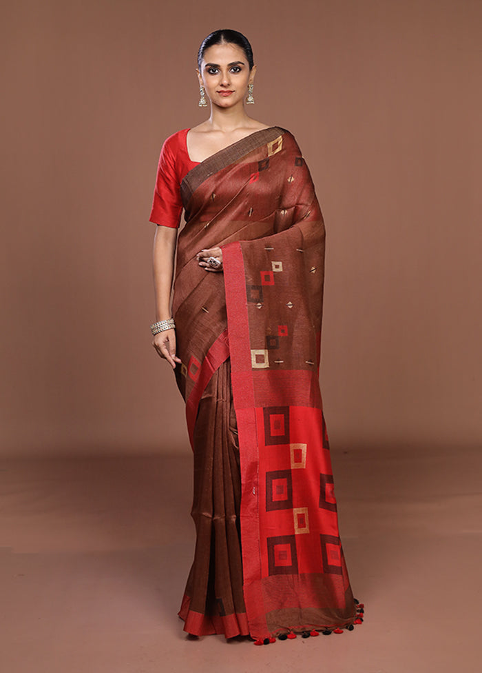Brown Linen Silk Saree With Blouse Piece