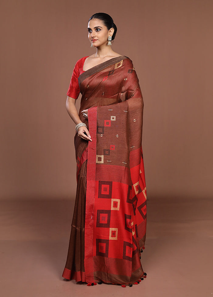 Brown Linen Silk Saree With Blouse Piece