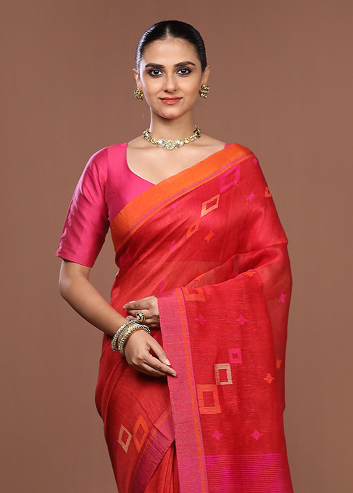 Red Linen Silk Saree With Blouse Piece