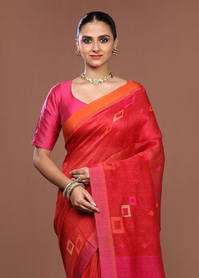 Red Linen Silk Saree With Blouse Piece