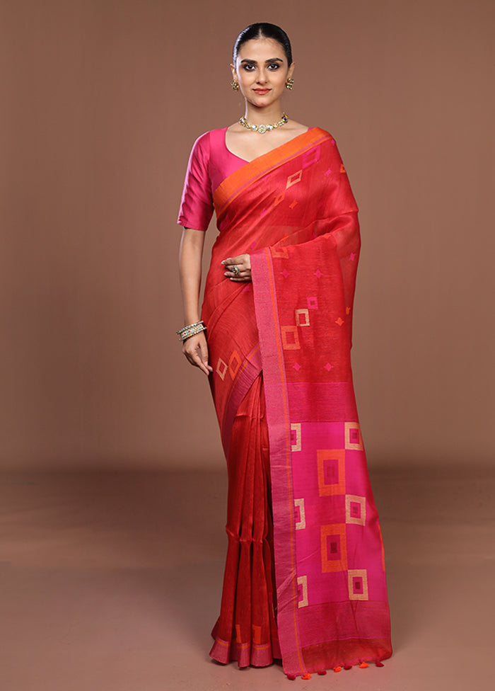 Red Linen Silk Saree With Blouse Piece