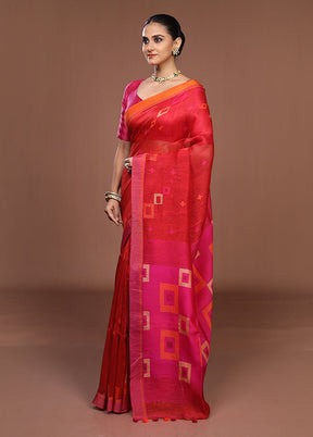 Red Linen Silk Saree With Blouse Piece