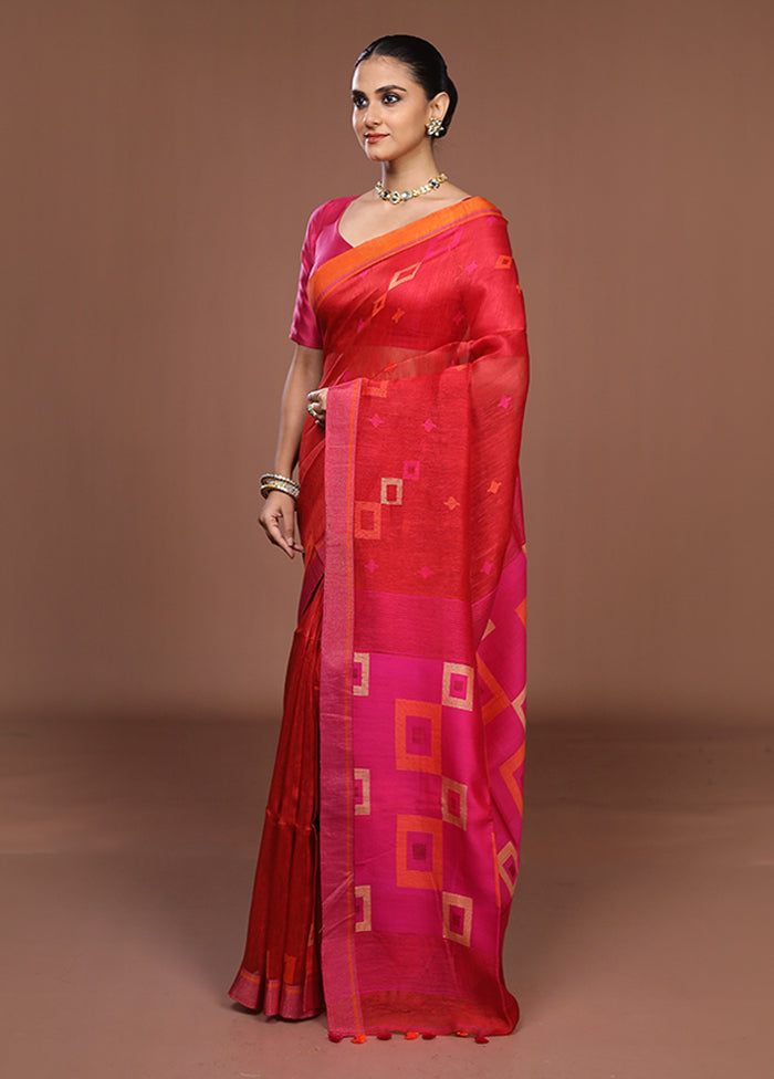 Red Linen Silk Saree With Blouse Piece