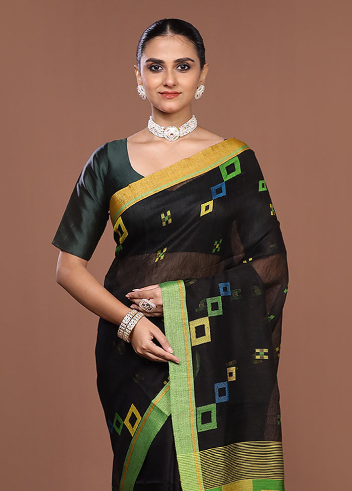 Black Linen Silk Saree With Blouse Piece