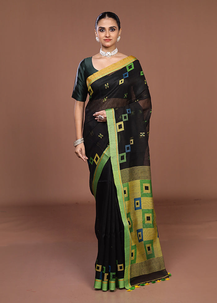 Black Linen Silk Saree With Blouse Piece