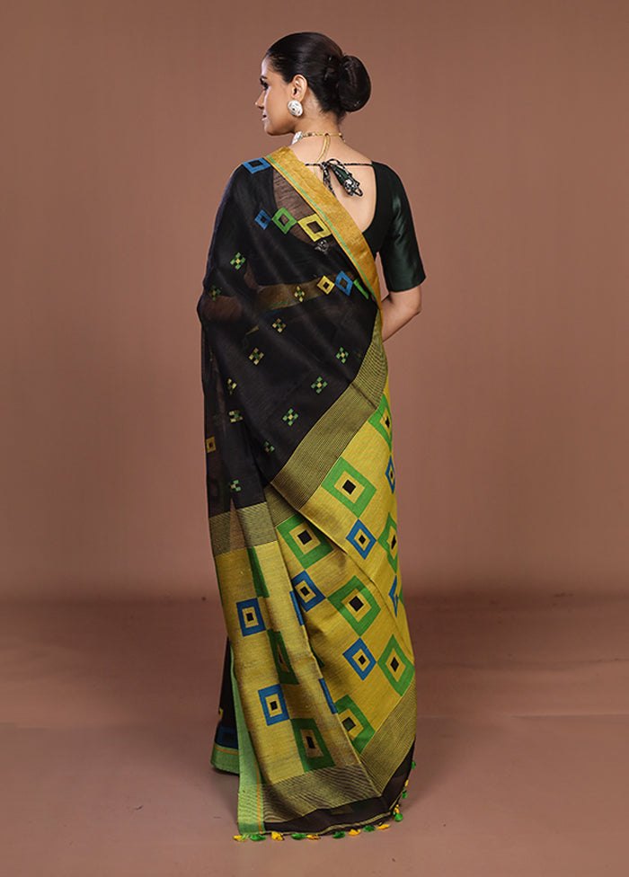 Black Linen Silk Saree With Blouse Piece