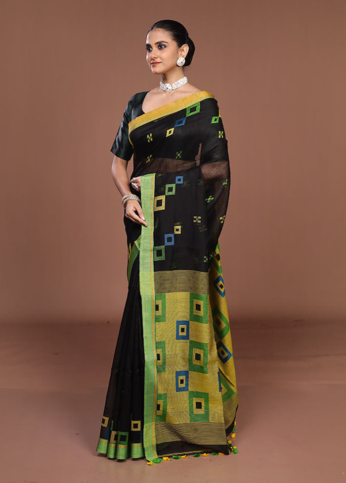 Black Linen Silk Saree With Blouse Piece