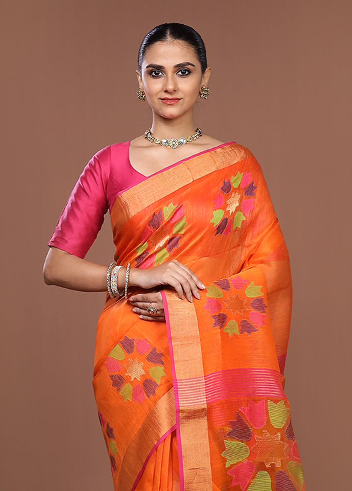 Orange Matka Silk Saree With Blouse Piece