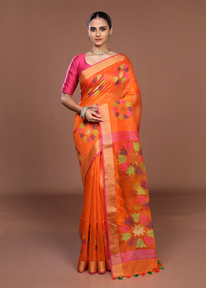 Orange Matka Silk Saree With Blouse Piece