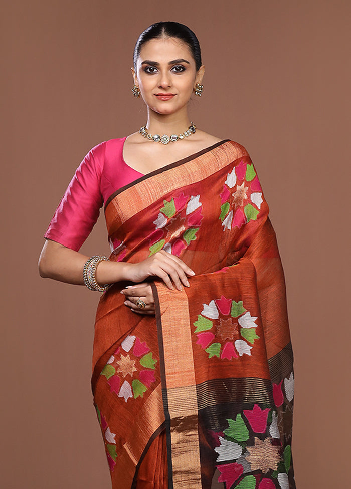 Rust Matka Silk Saree With Blouse Piece