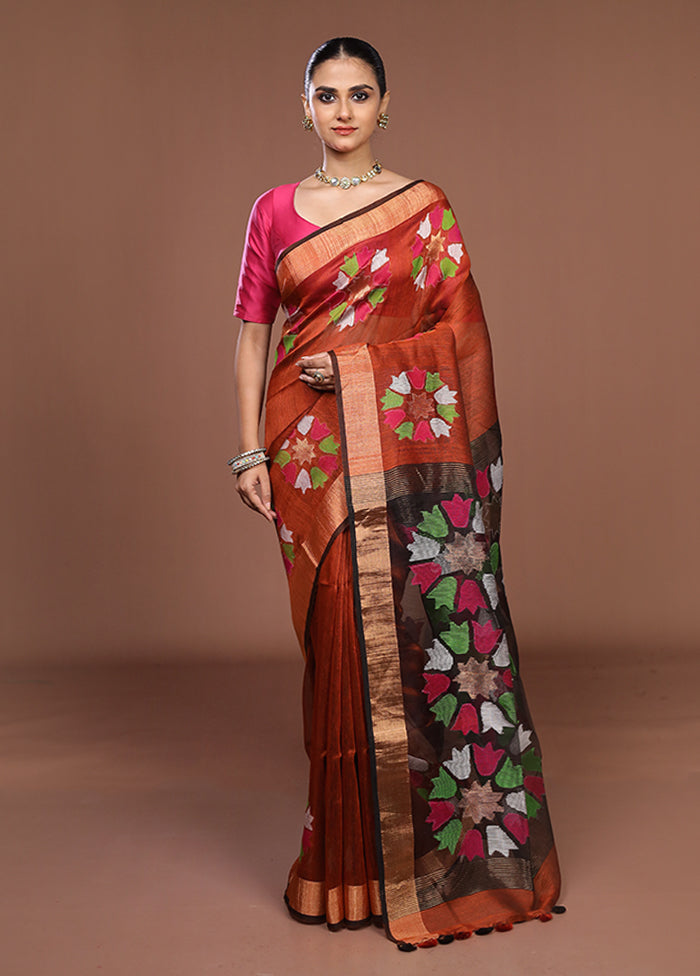 Rust Matka Silk Saree With Blouse Piece