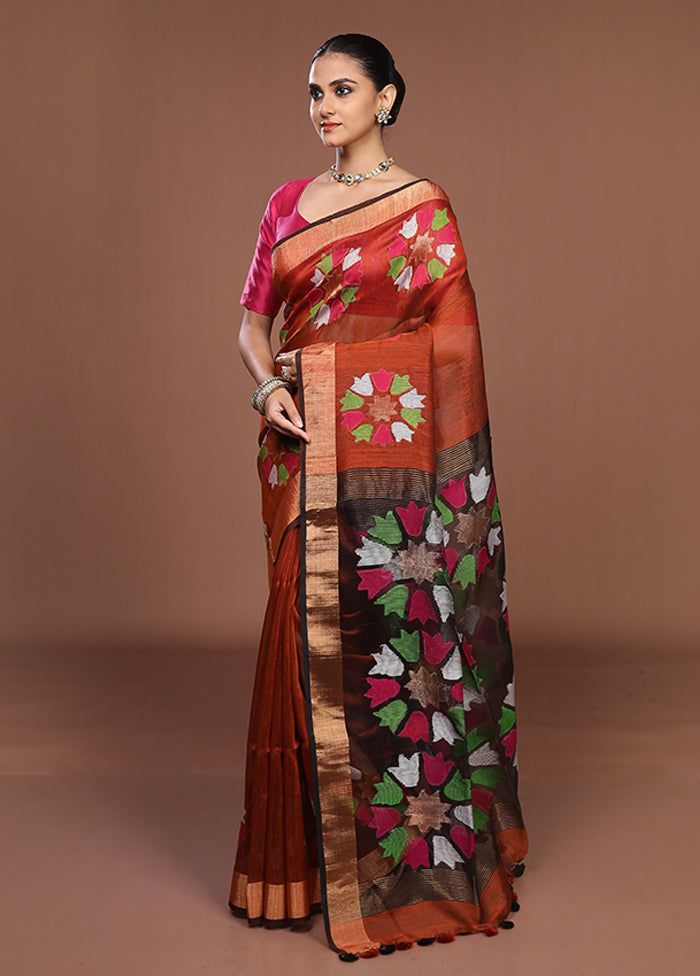 Rust Matka Silk Saree With Blouse Piece