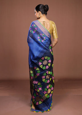 Blue Matka Silk Saree With Blouse Piece