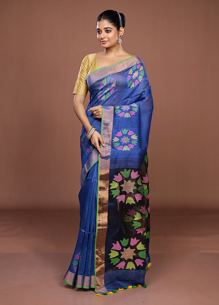 Blue Matka Silk Saree With Blouse Piece