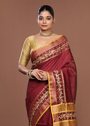 Maroon Handloom Matka Pure Silk Saree With Blouse Piece