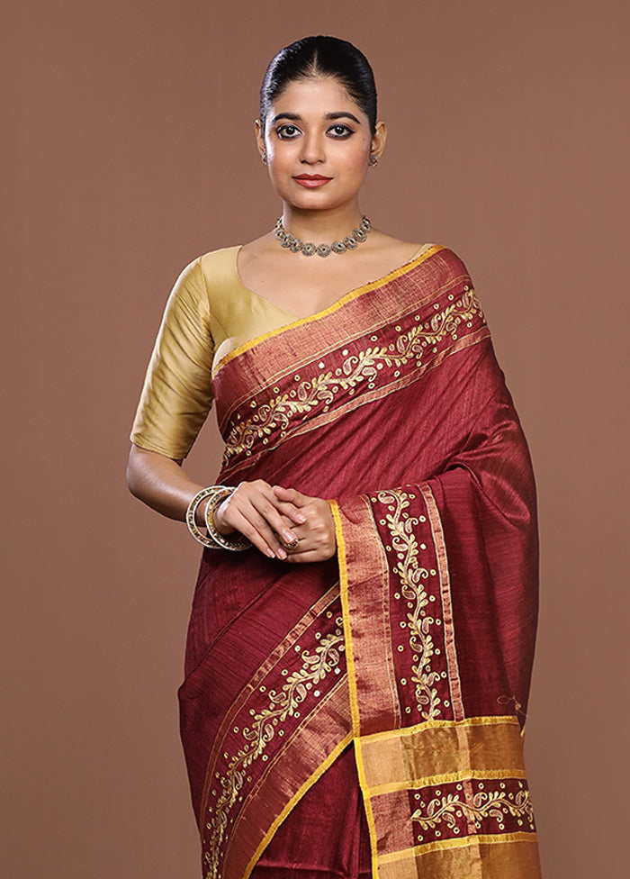 Maroon Handloom Matka Pure Silk Saree With Blouse Piece