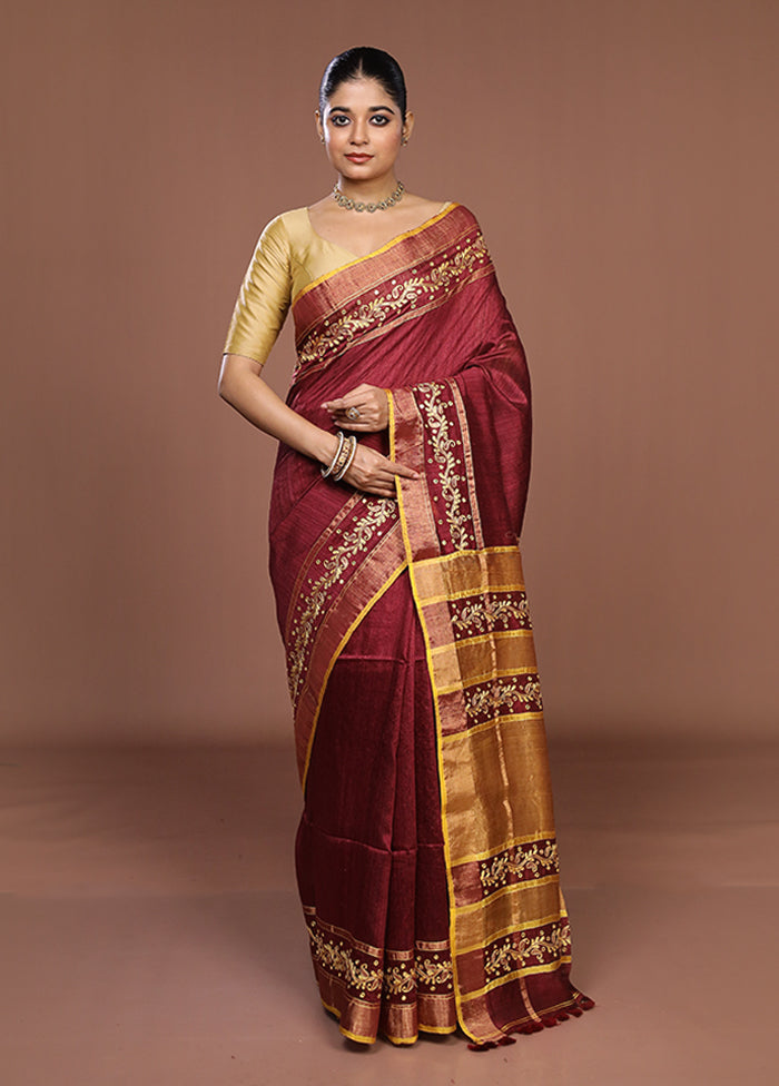 Maroon Handloom Matka Pure Silk Saree With Blouse Piece