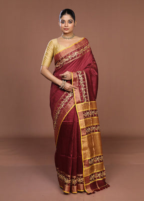 Maroon Handloom Matka Pure Silk Saree With Blouse Piece