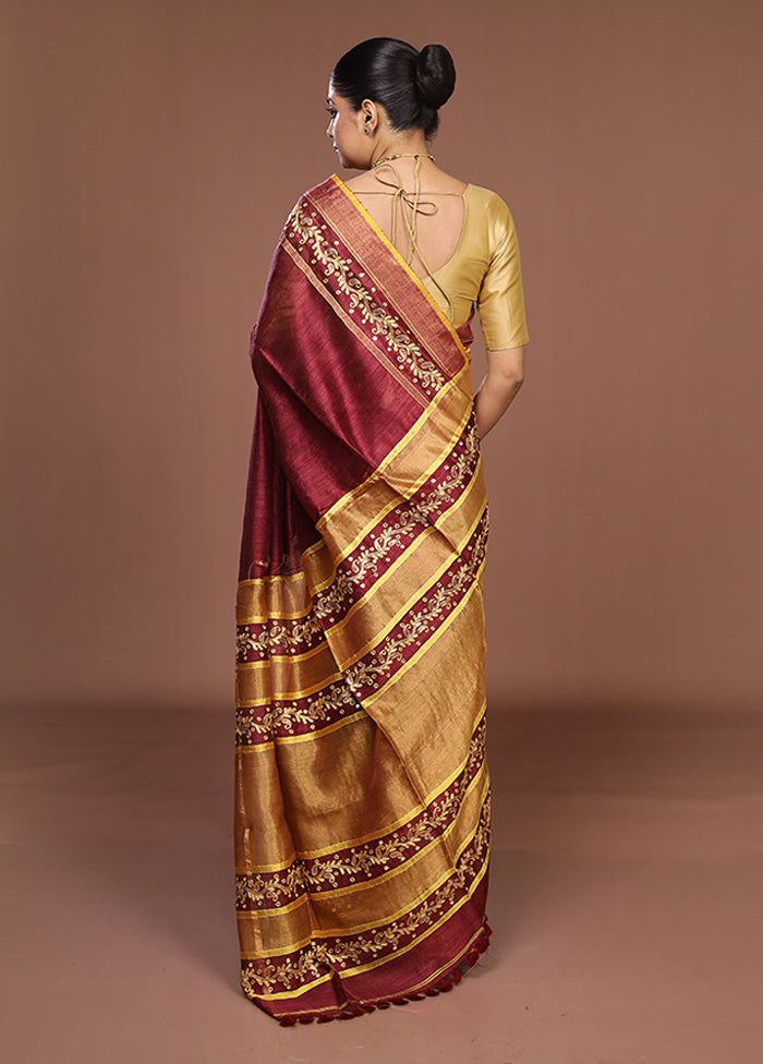 Maroon Handloom Matka Pure Silk Saree With Blouse Piece