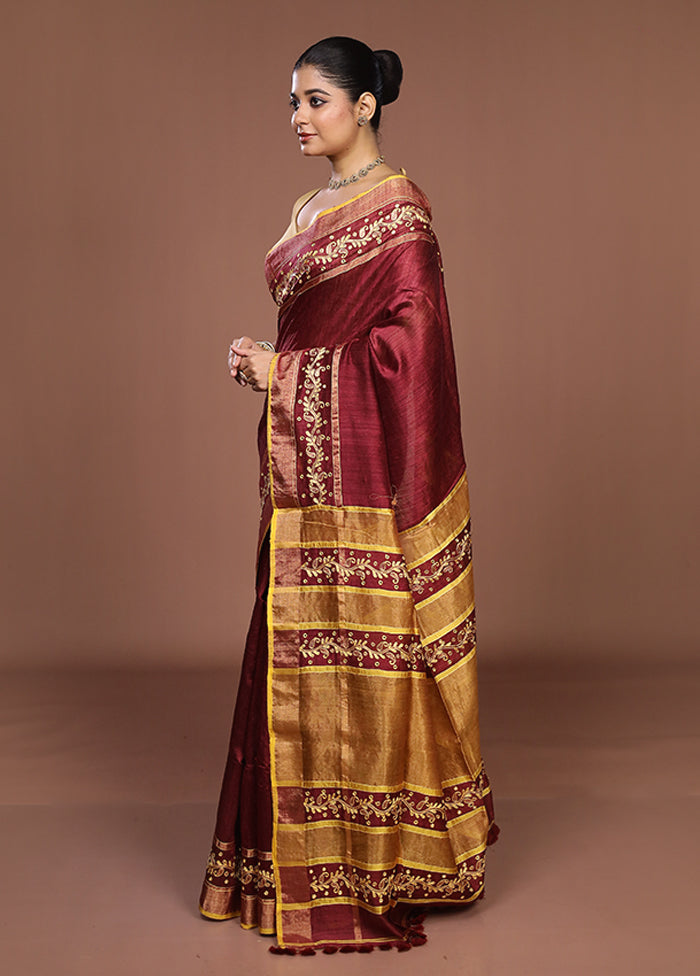 Maroon Handloom Matka Pure Silk Saree With Blouse Piece