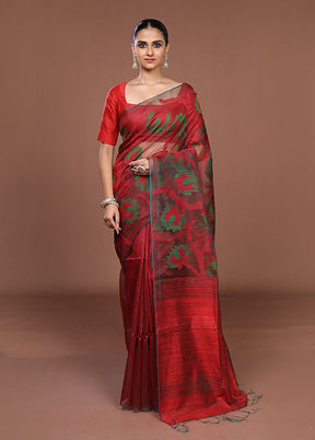 Red Handloom Matka Pure Silk Saree With Blouse Piece
