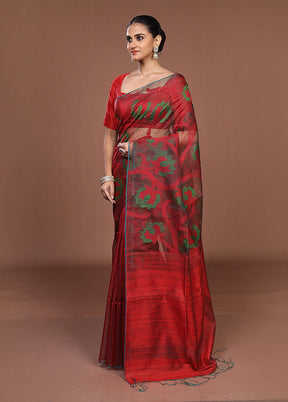 Red Handloom Matka Pure Silk Saree With Blouse Piece