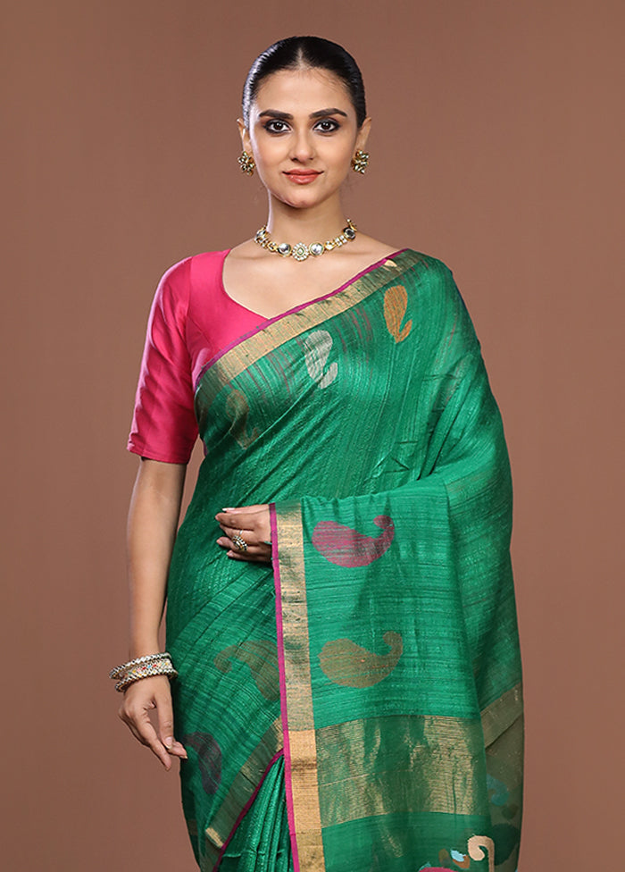 Green Handloom Matka Pure Silk Saree With Blouse Piece